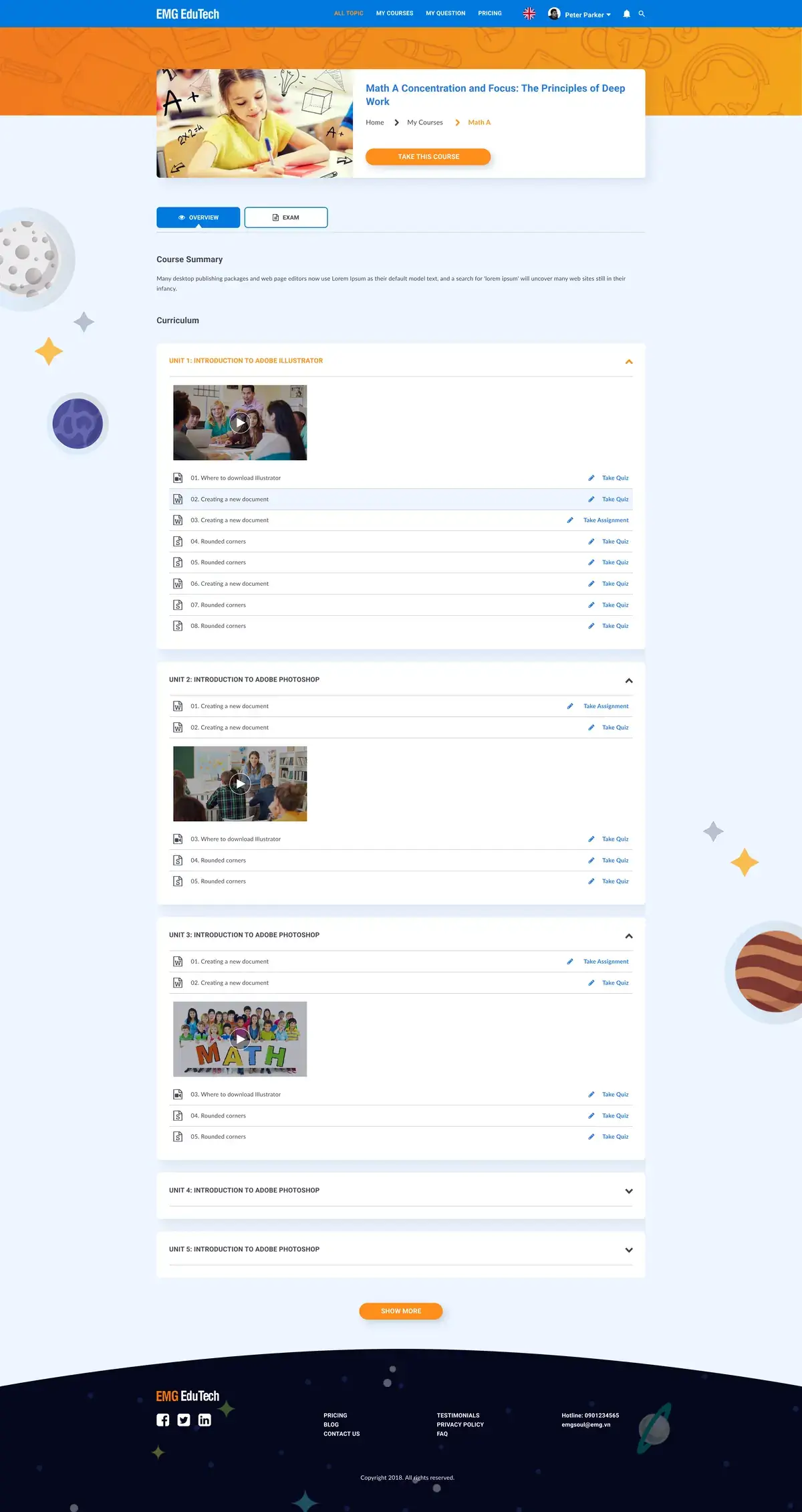 EMG SMILE course detail screen with curriculum, lesson list, quizzes, and progress structure