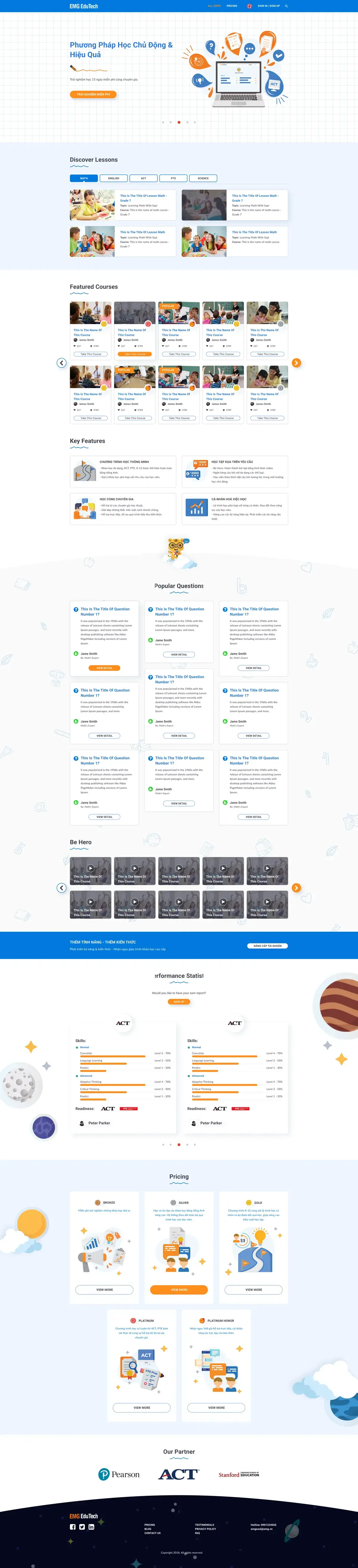 EMG SMILE homepage showing featured courses, pricing, partners, and space-themed sections