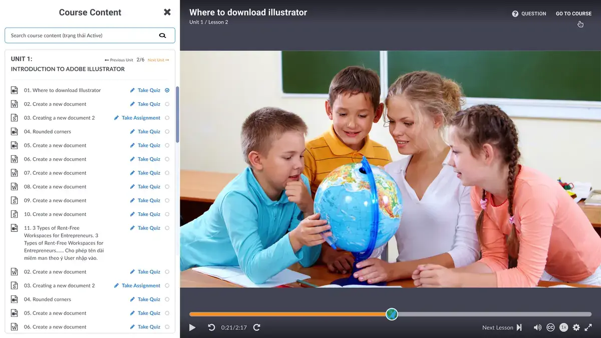 EMG SMILE video lesson player with lesson list beside the video