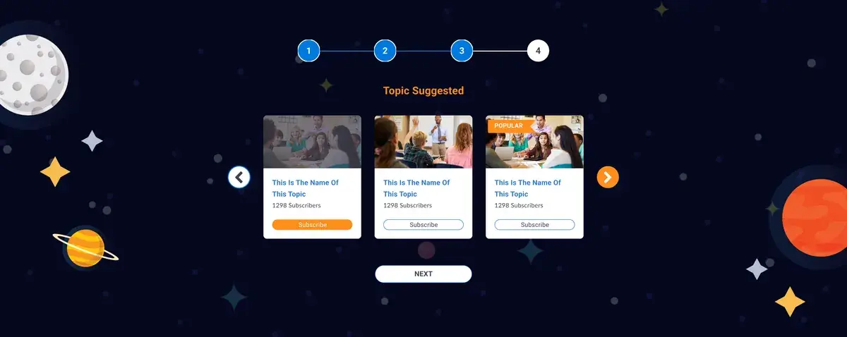 EMG SMILE onboarding topic selection screen