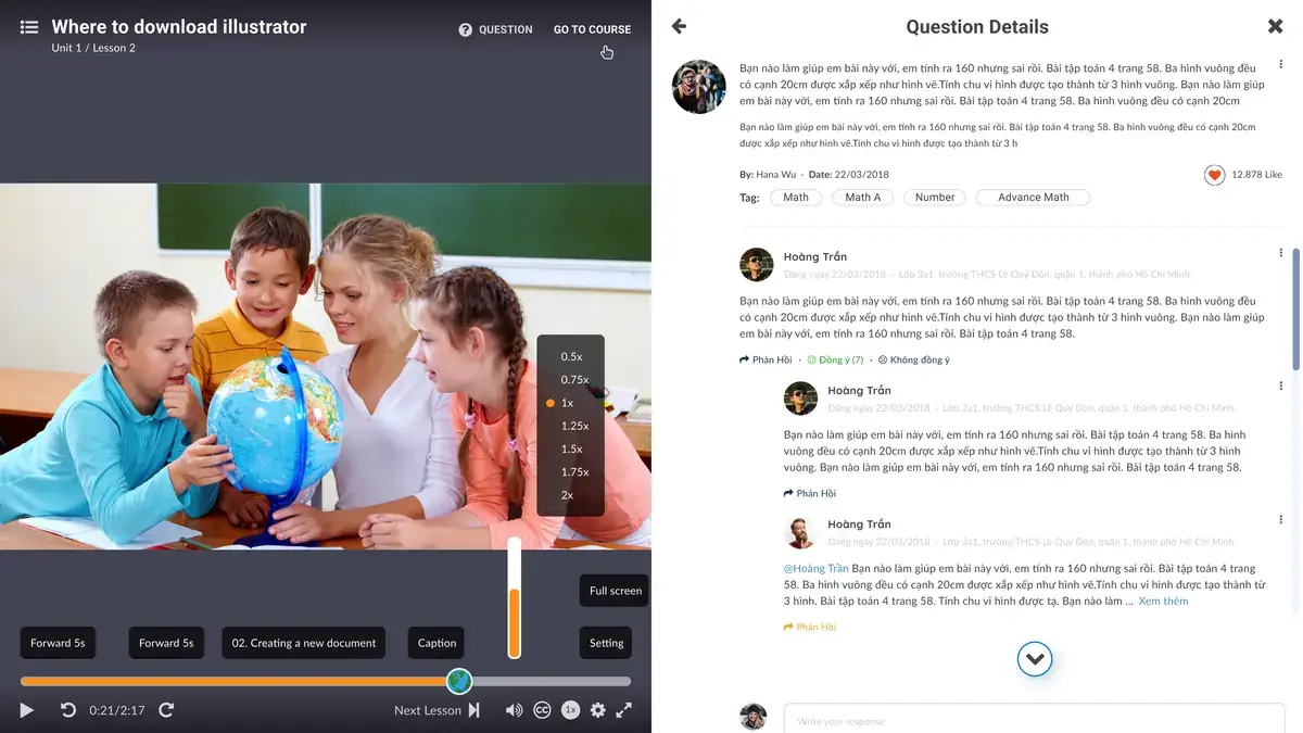 EMG SMILE lesson screen with video and a question discussion thread