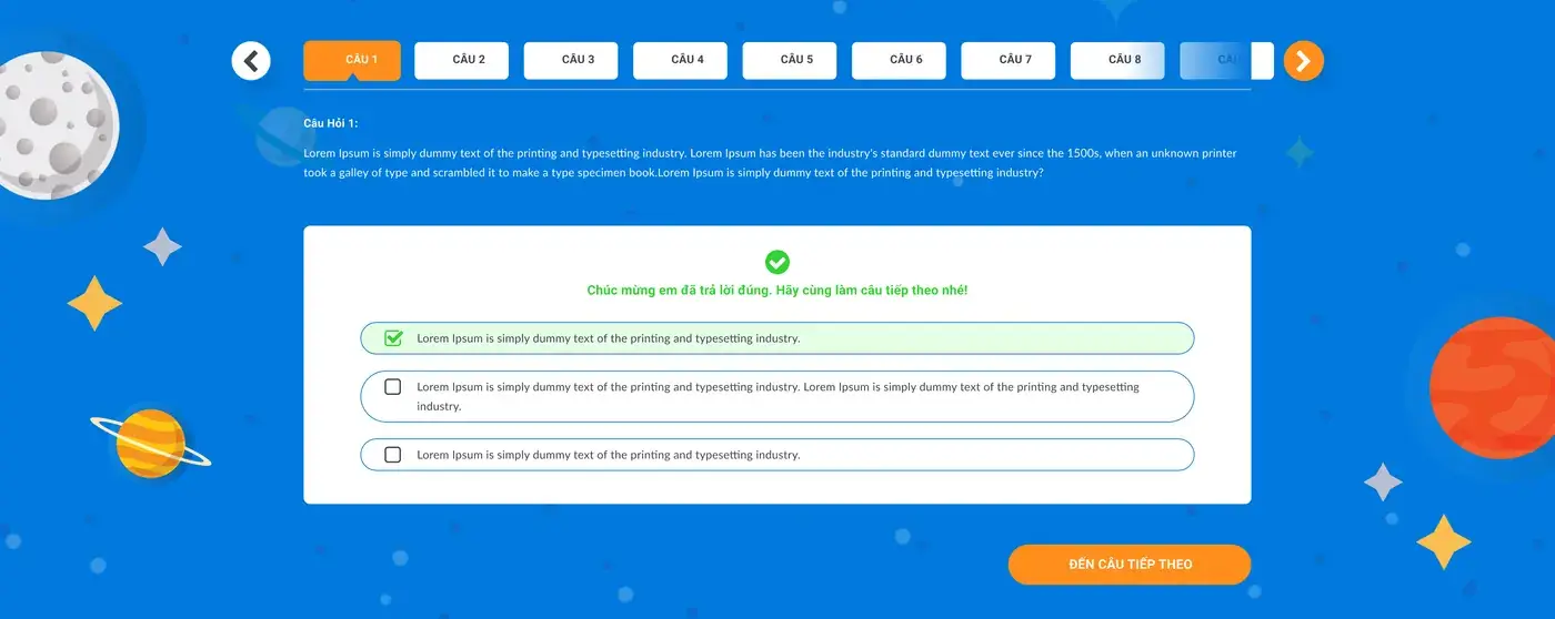 EMG SMILE quiz screen with multiple-choice answers and progress navigation