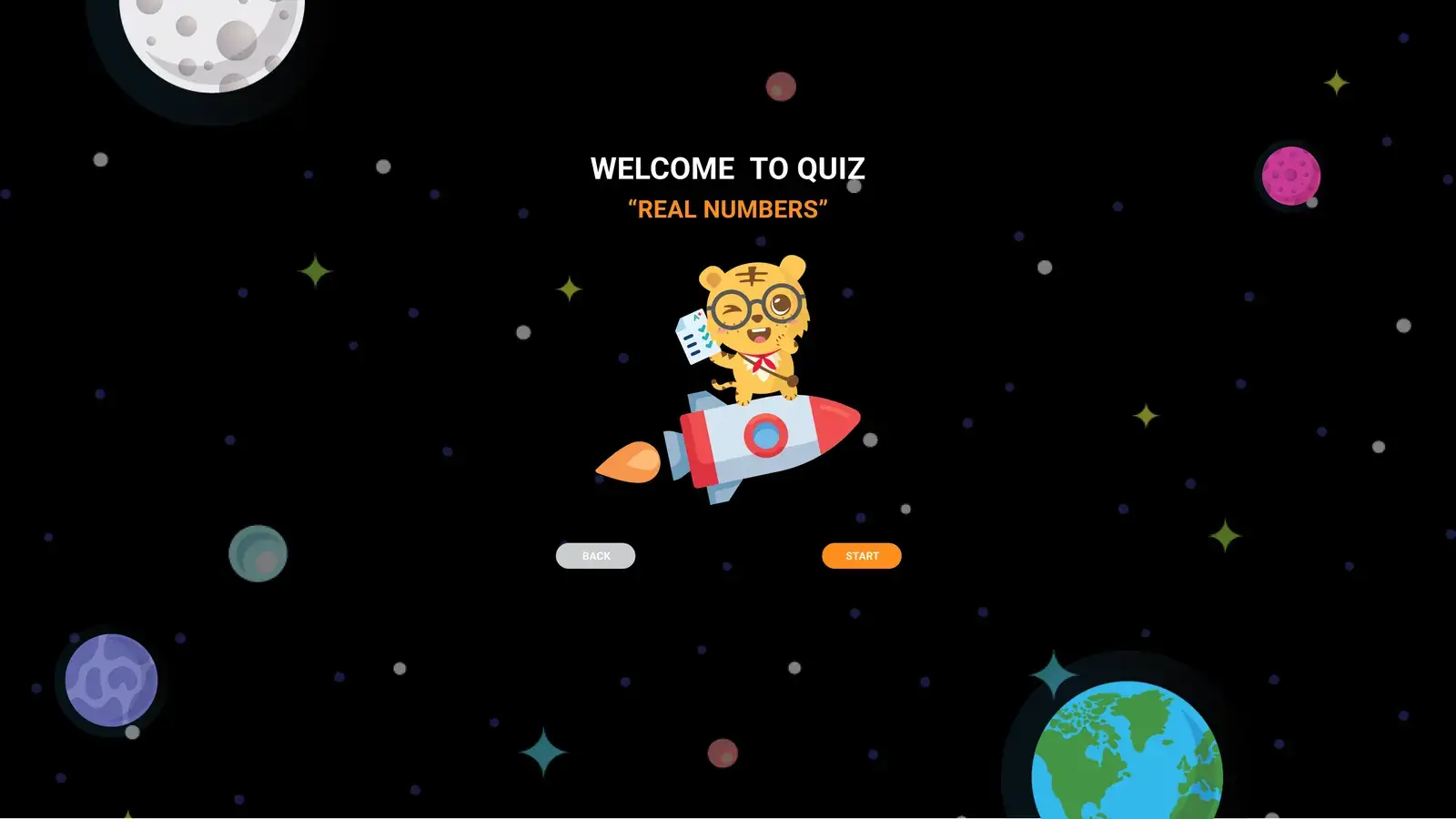 EMG SMILE quiz welcome screen with space theme and mascot on a rocket