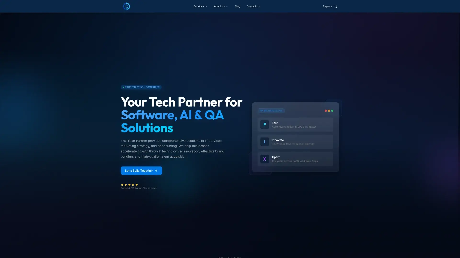 FIXPartner homepage showing dark hero section with headline 'Your Tech Partner for Software, AI and QA Solutions'