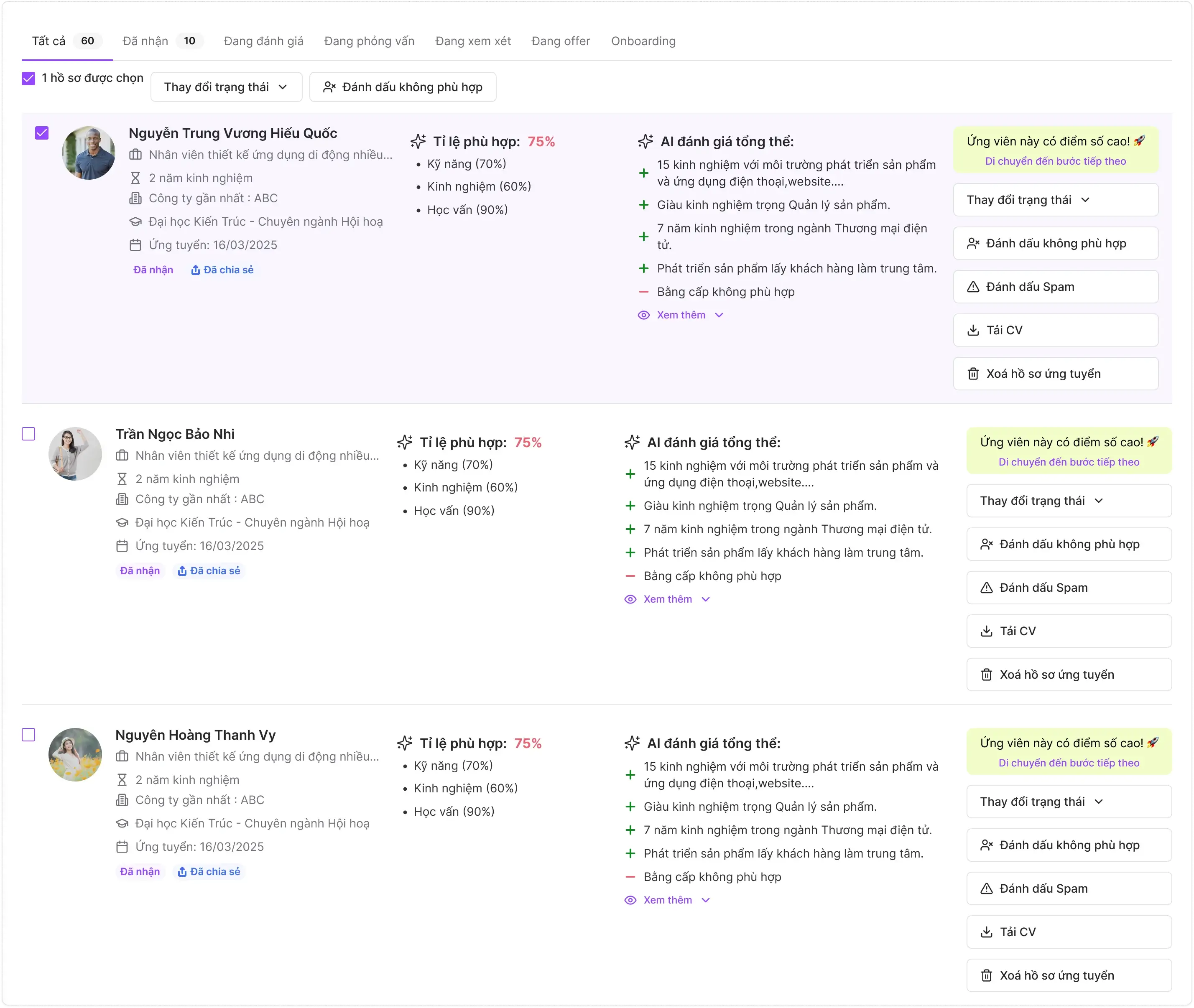 Application tracking general info with candidate details, AI scoring, and pipeline management