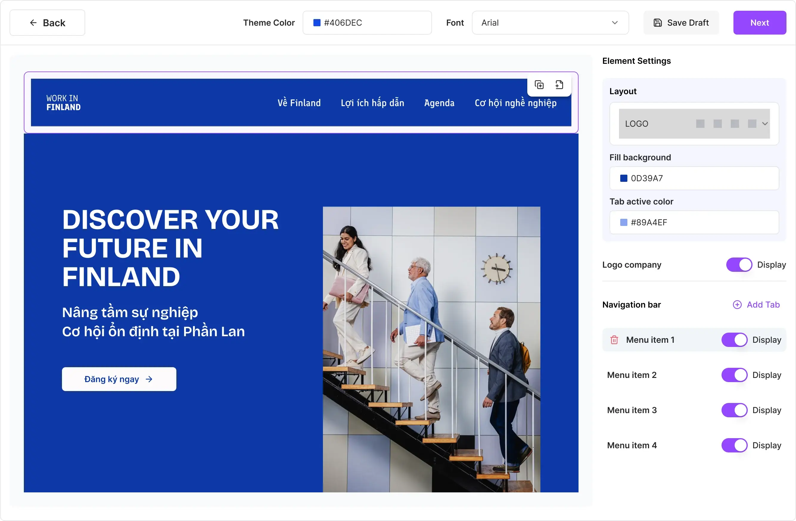 Landing page builder with block-based editing, responsive preview, and campaign publishing workflow