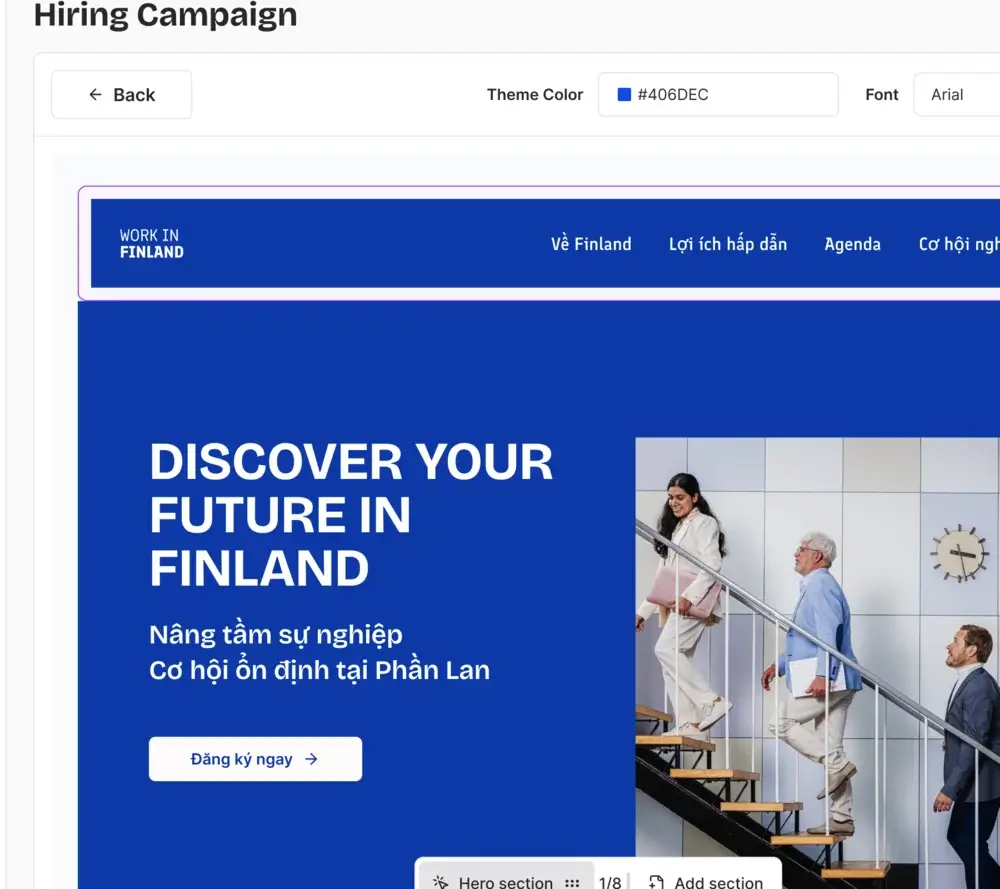 Landing page builder WYSIWYG editor showing Work in Finland hiring campaign