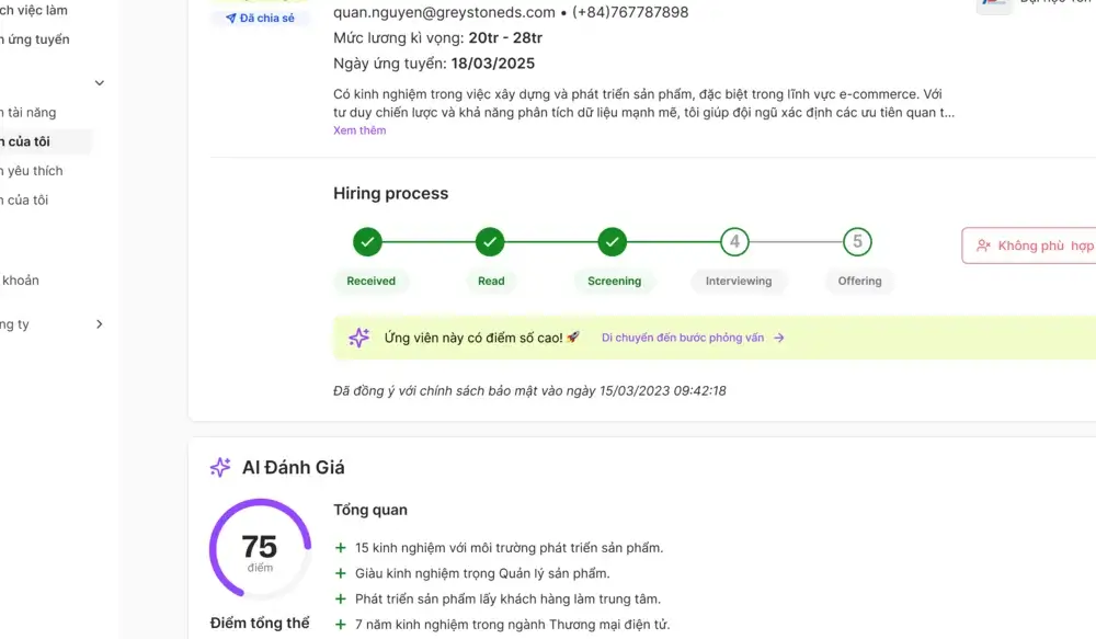 Candidate profile with AI evaluation score of 75 and detailed assessment