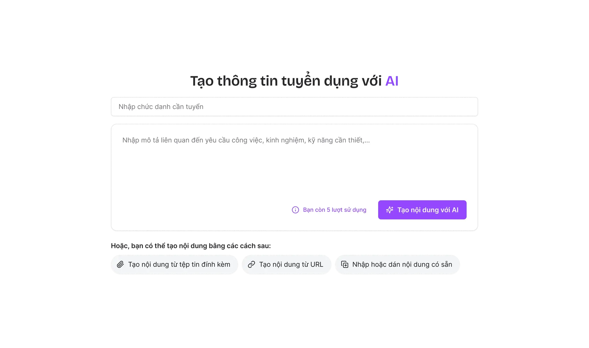 Post job with AI — form fields for job title, category, industry, and work location
