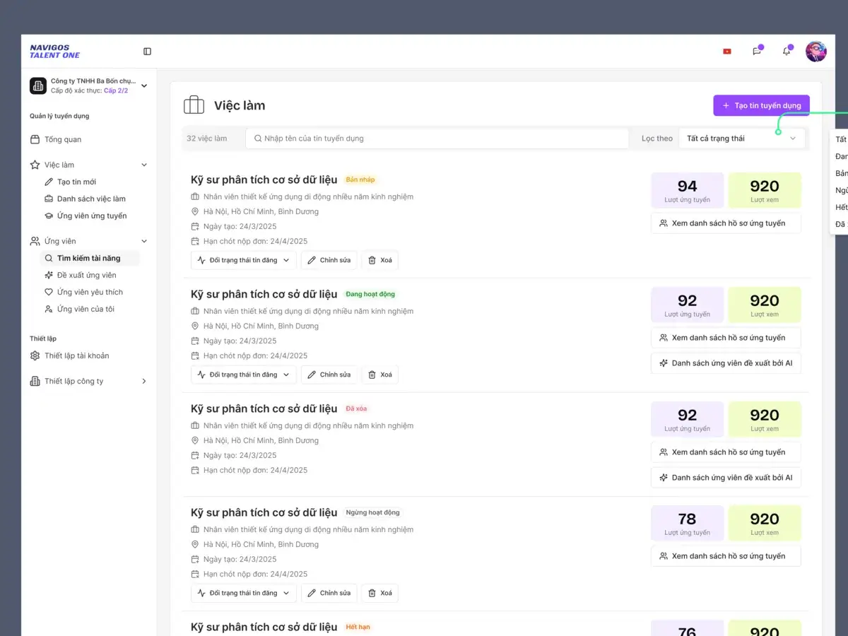 Job list with view and application metrics per posting