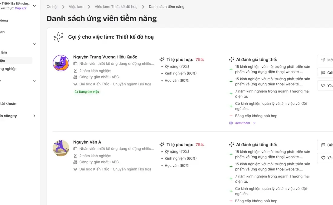 AI candidate recommendations with 75% match scores and invite actions