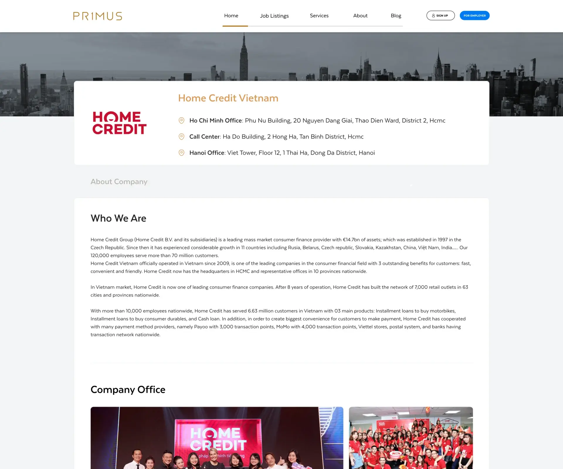 Home Credit company profile page on PRIMUS showing office info, photos, and open positions