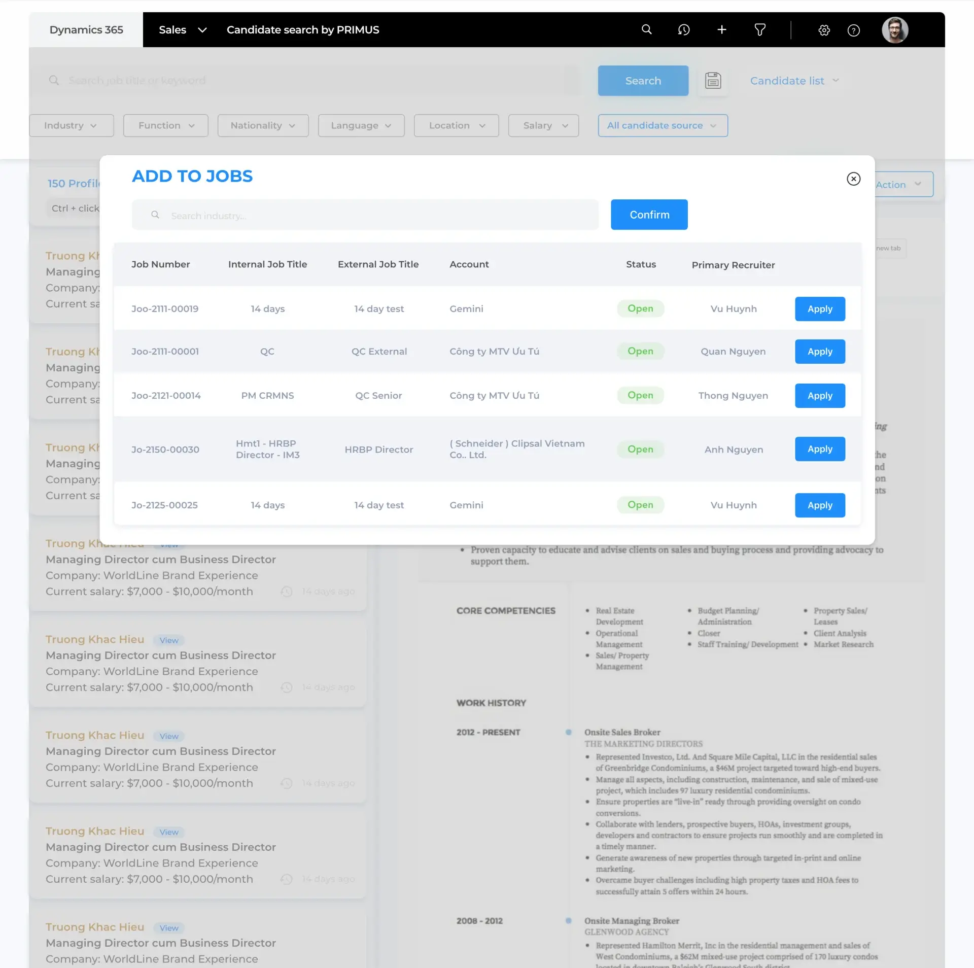 NBS add-to-jobs interface showing candidate assignment to open positions