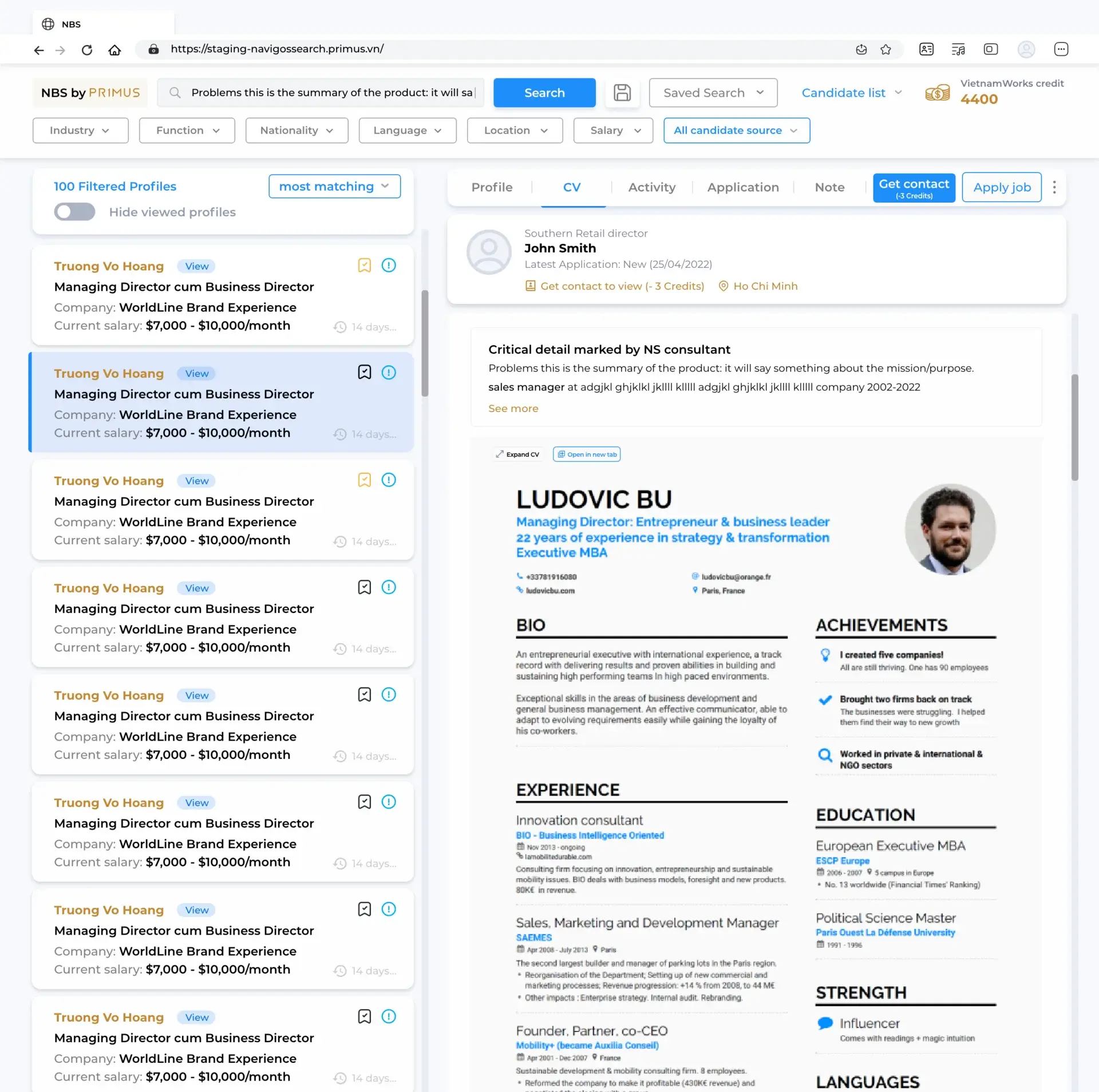 NBS folder management with saved candidate lists and active search filters