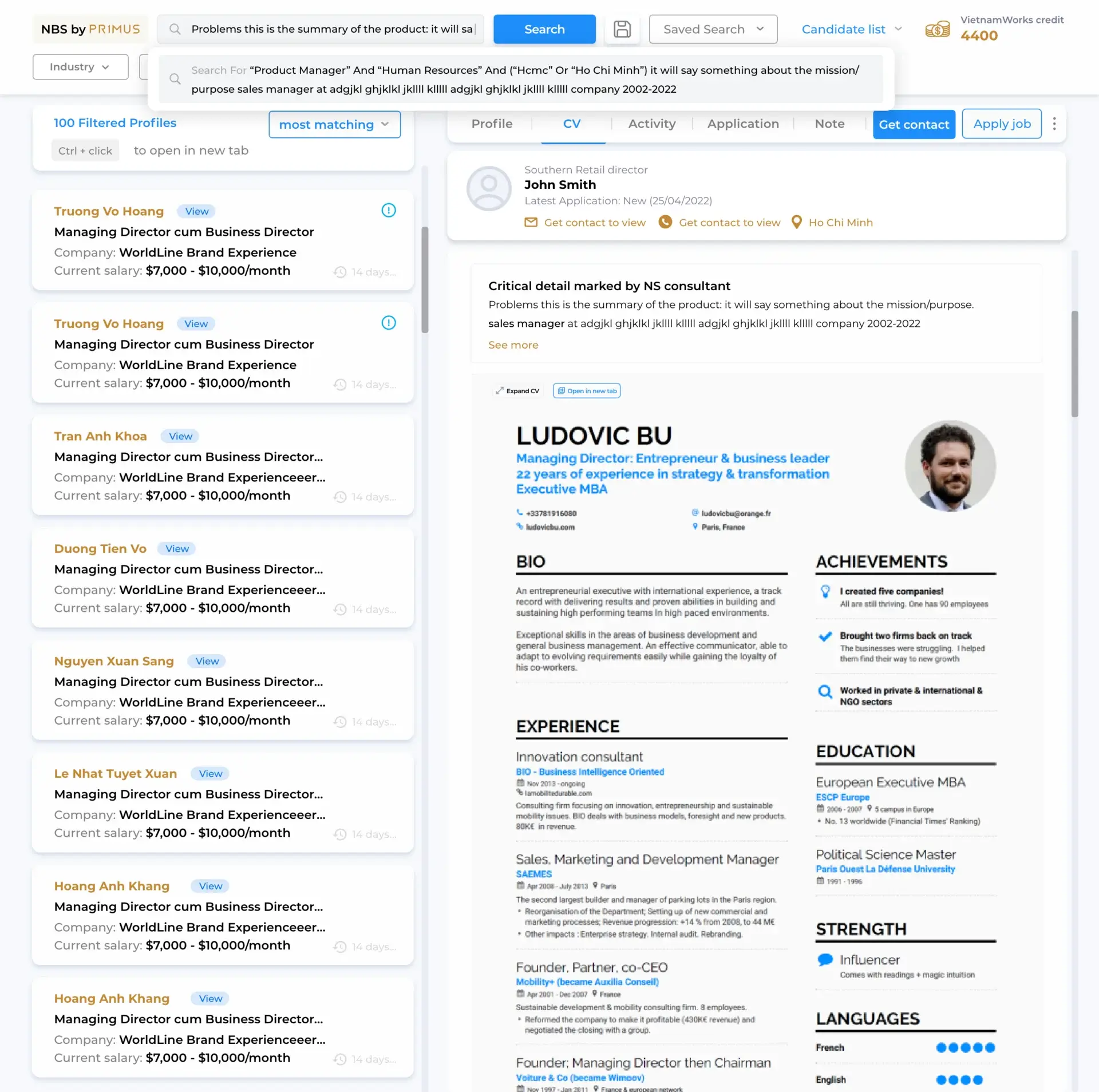 NBS boolean search with candidate list and full CV profile preview panel